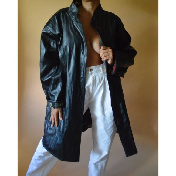 90s Vintage Reversible Leather Trench Coat - Picture 2 of 4